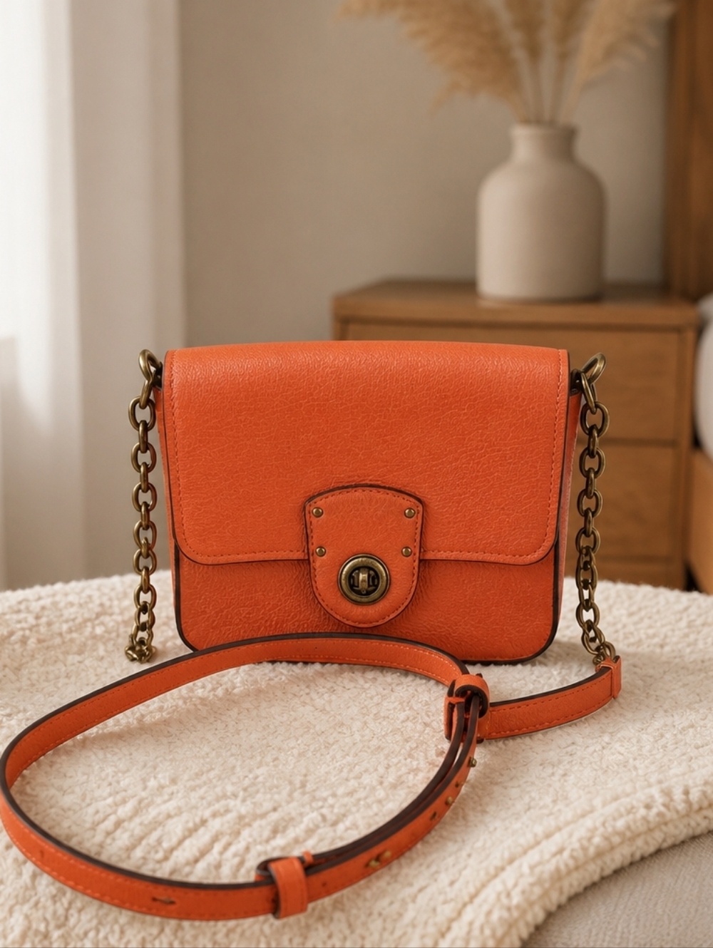 Lauren Ralph Lauren Orange Leather Crossbody with Chain Strap